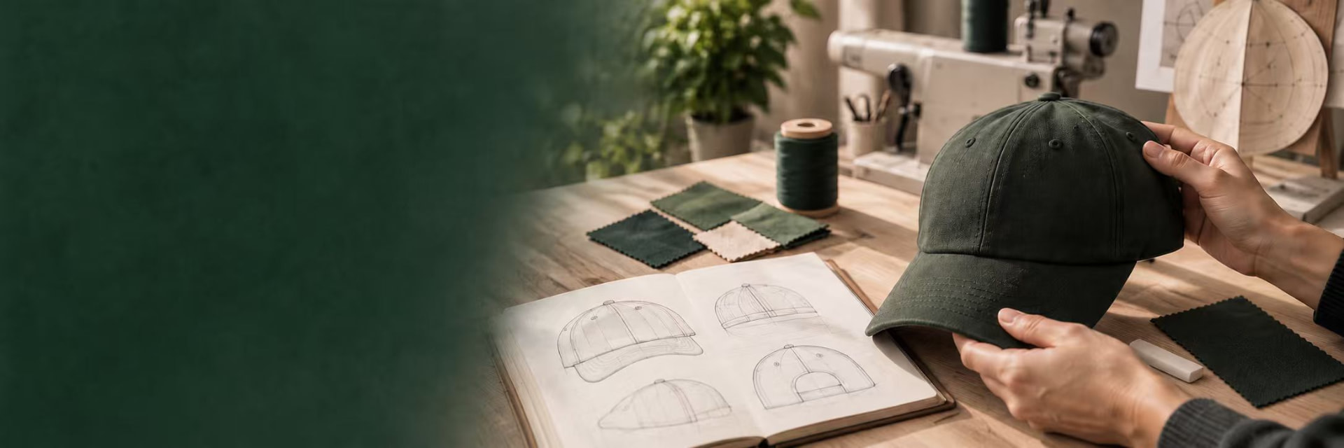 Neutronium design desk with cap sketches and fabric swatches