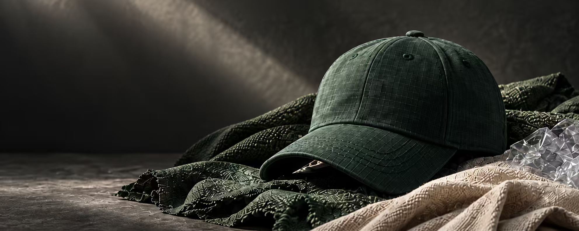 Dark green recycled-fabric cap with textile materials