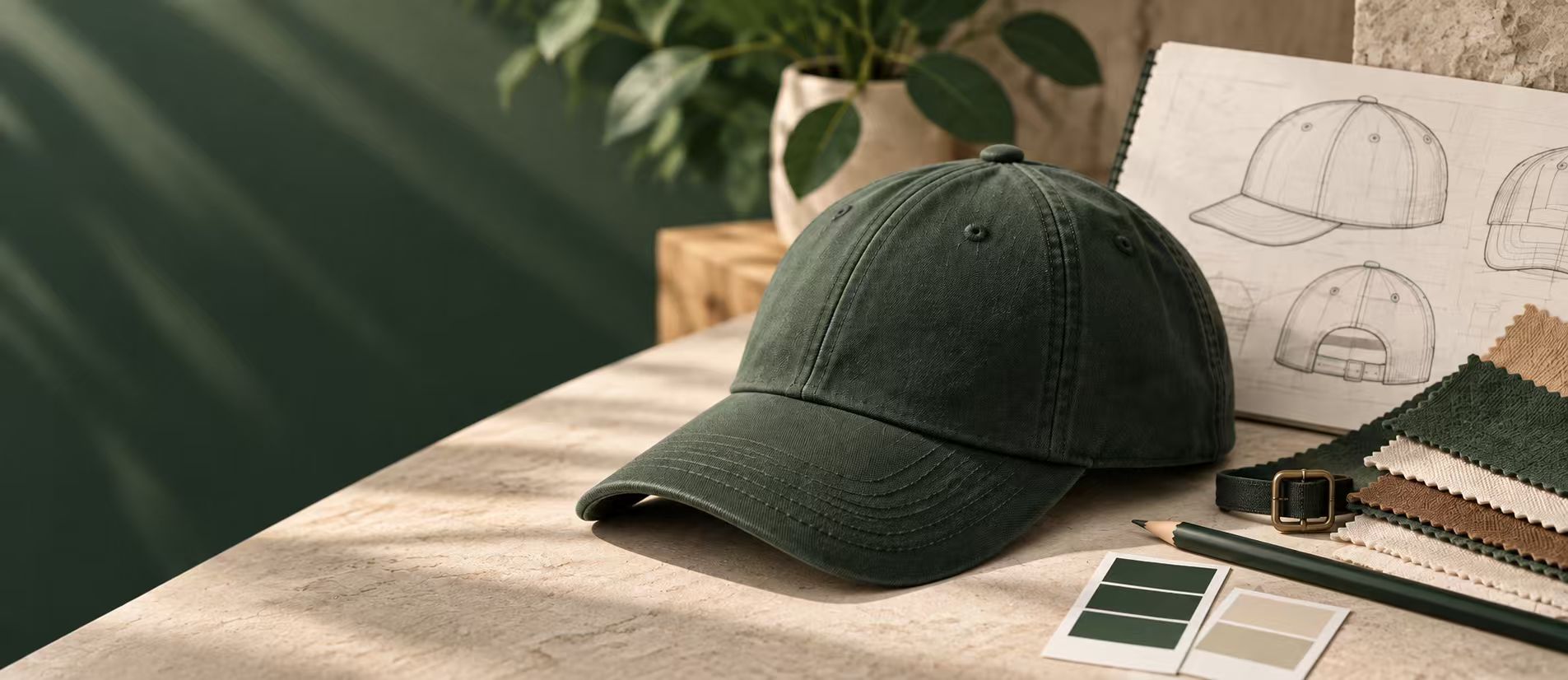 Custom dark green cap with design sketches and fabric swatches